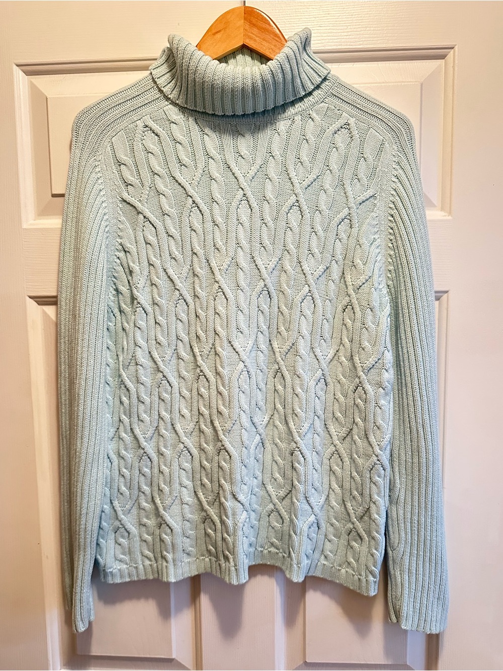 Old Money Baby Blue Cable Knit Turtleneck Cotton Sweater XL Cozy Academia Preppy